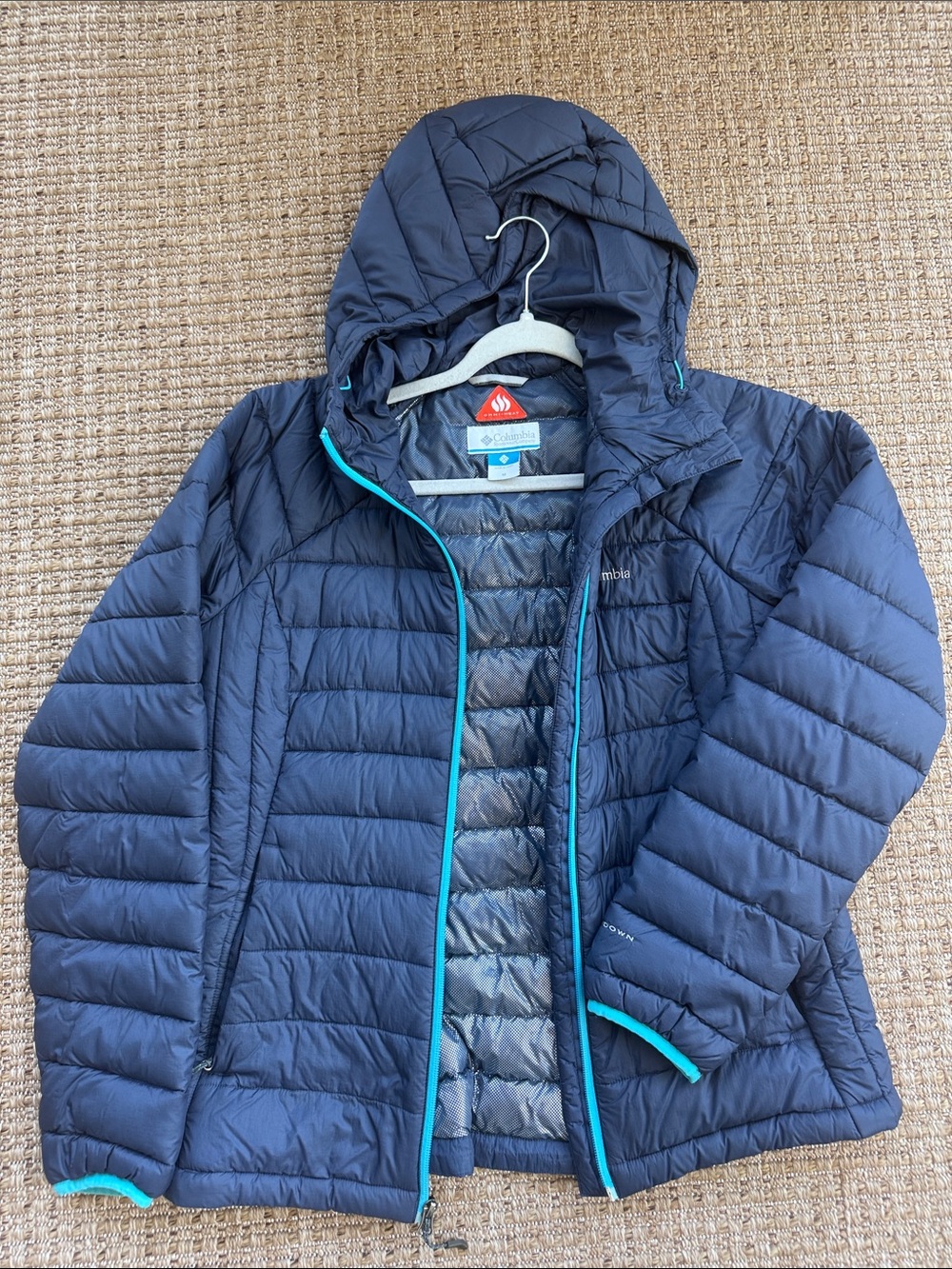 Columbia Women's Navy Hooded Puffer Jacket with Teal Trim